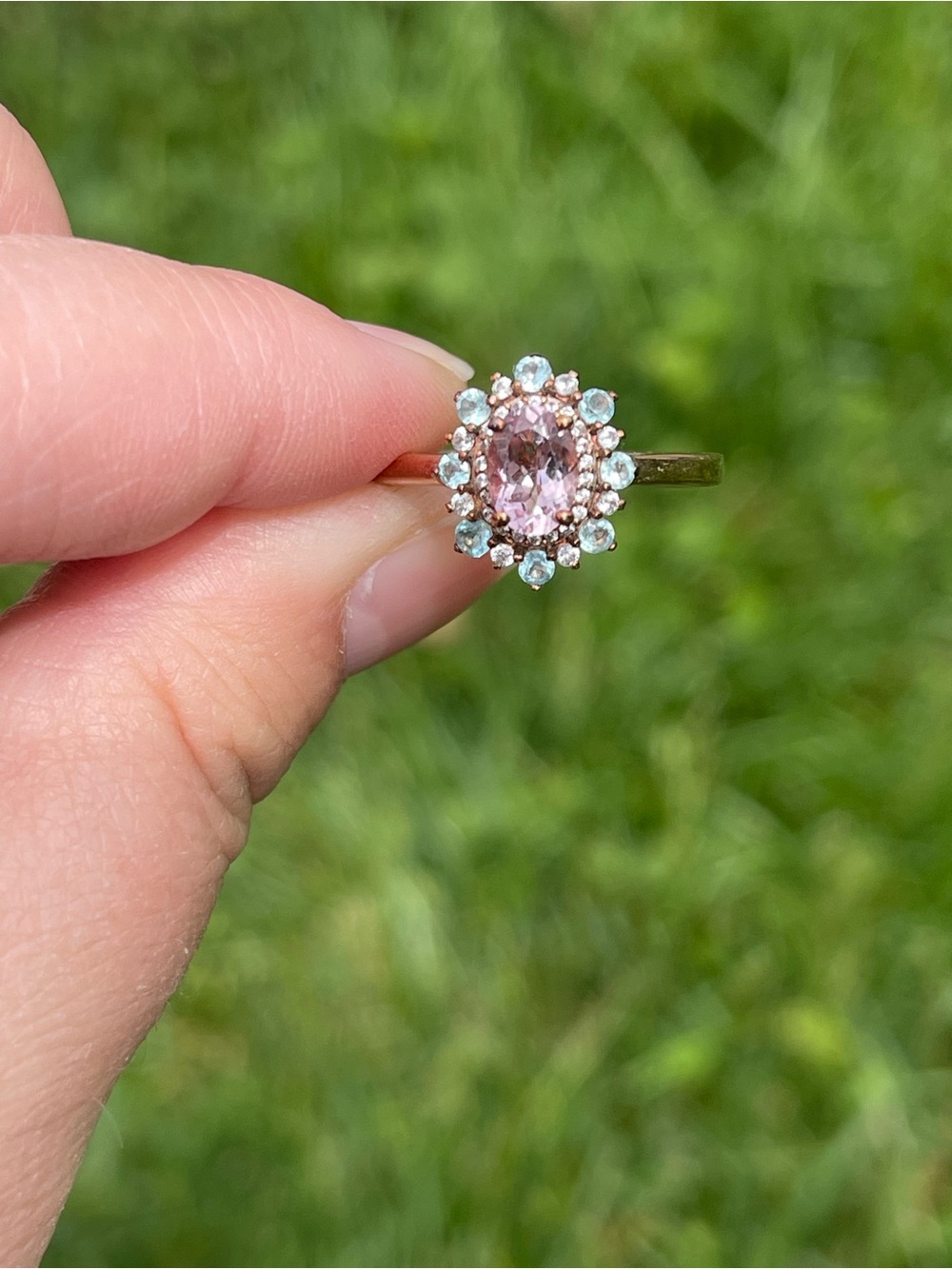 Pink Morganite and Blue Apatite Halo Ring